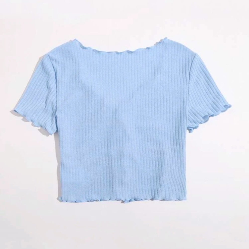 Shein Button Front Lettuce Trim Rib-Knit Tee - Picture 2 of 3